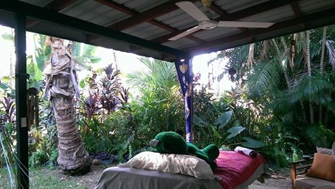 Green Ted on the reiki bed in my tropical oasis