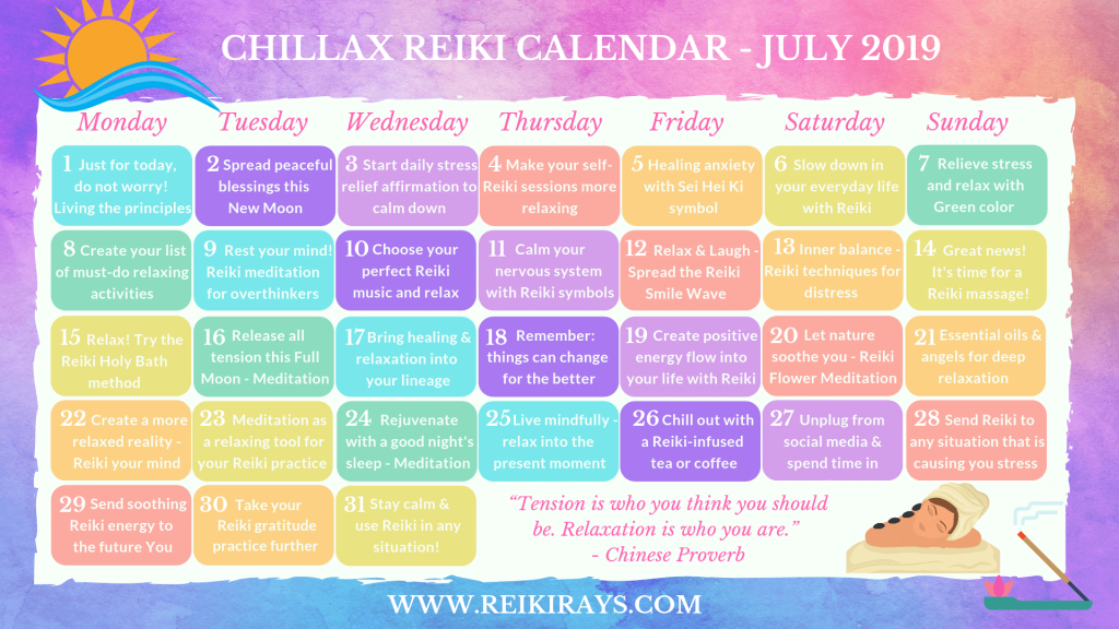 Chillax Reiki Calendar - July 2019