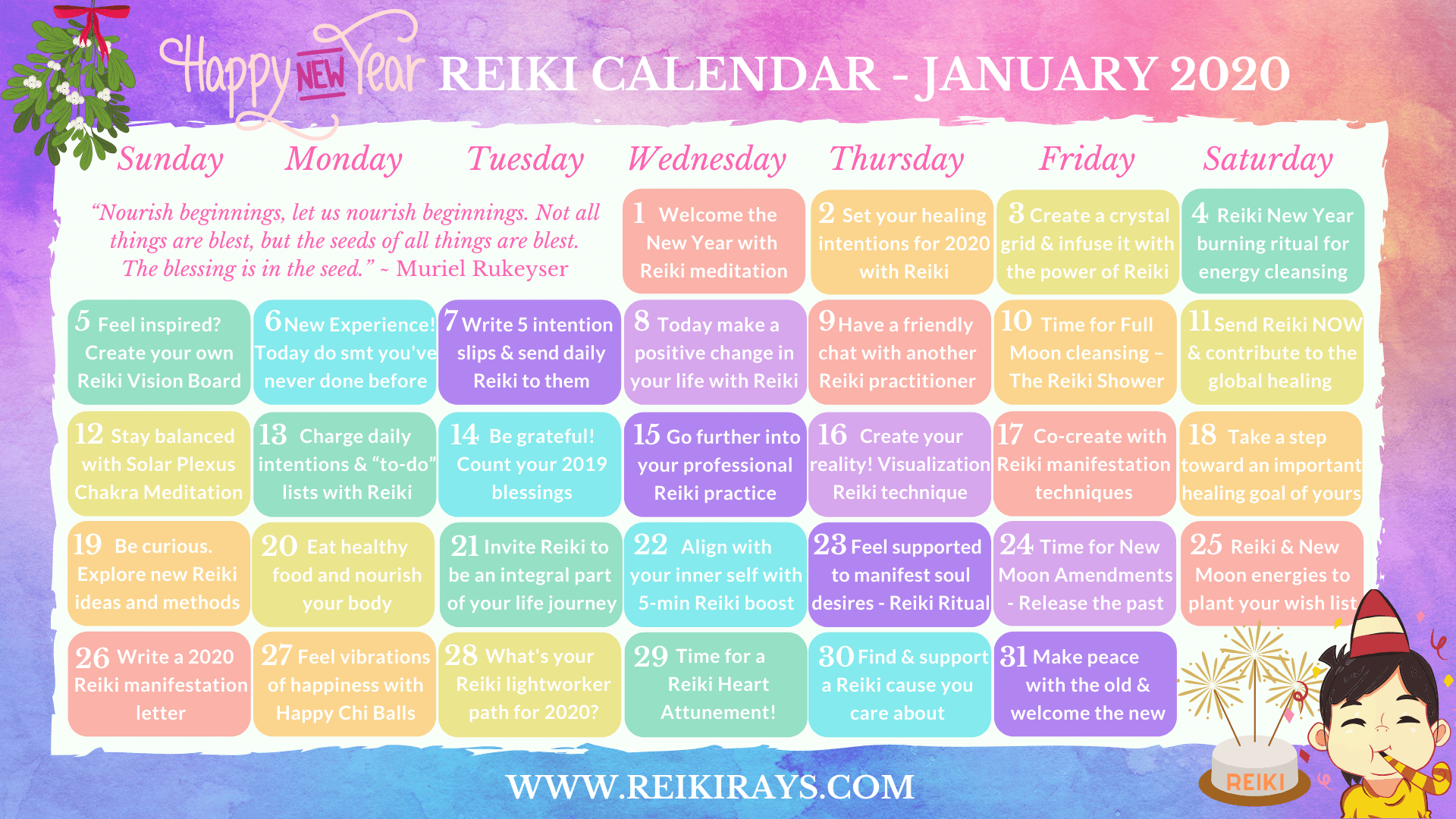 Happy New Year Reiki Calendar January 2020 - Reiki Rays