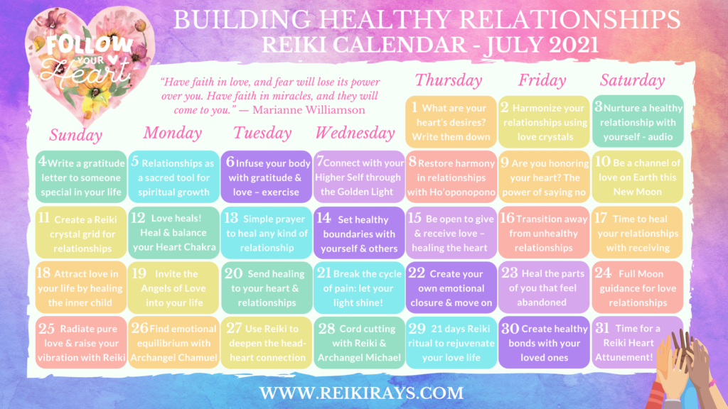 Building Healthy Relationships Reiki Calendar - July 2021