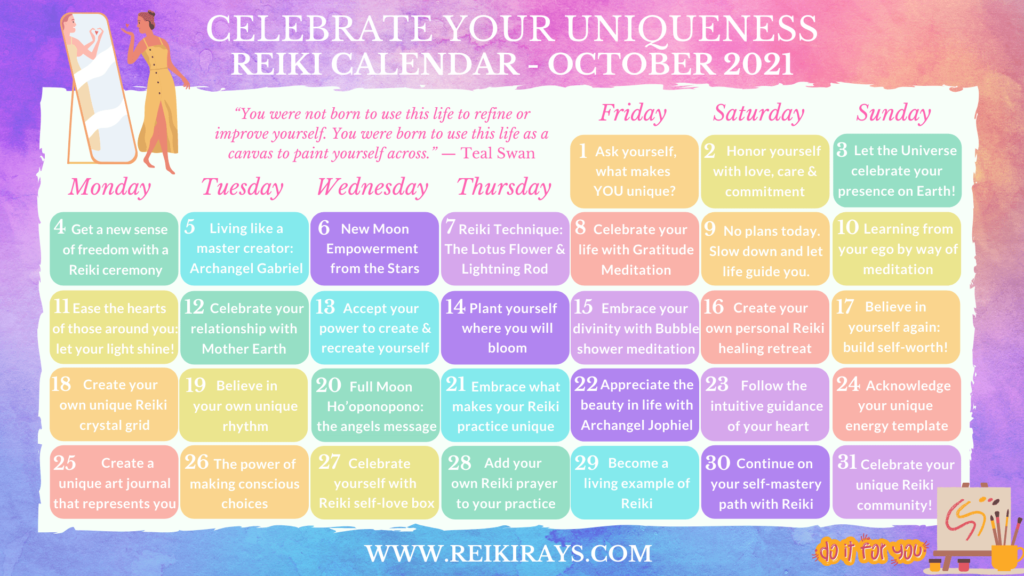 Celebrate Your Uniqueness Reiki Calendar October 2021