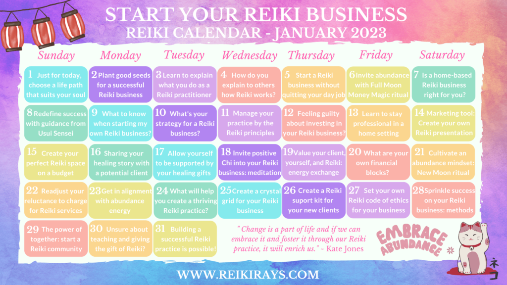 Start Your Reiki Business - Reiki Calendar January 2023