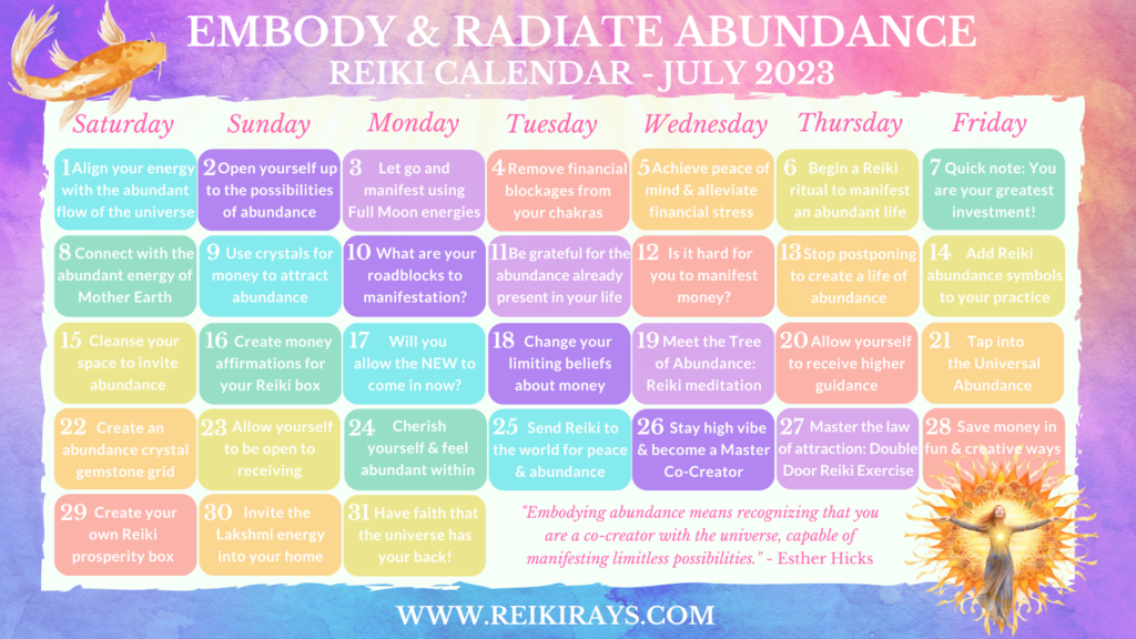 Embody & Radiate Abundance Reiki Calendar July 2023