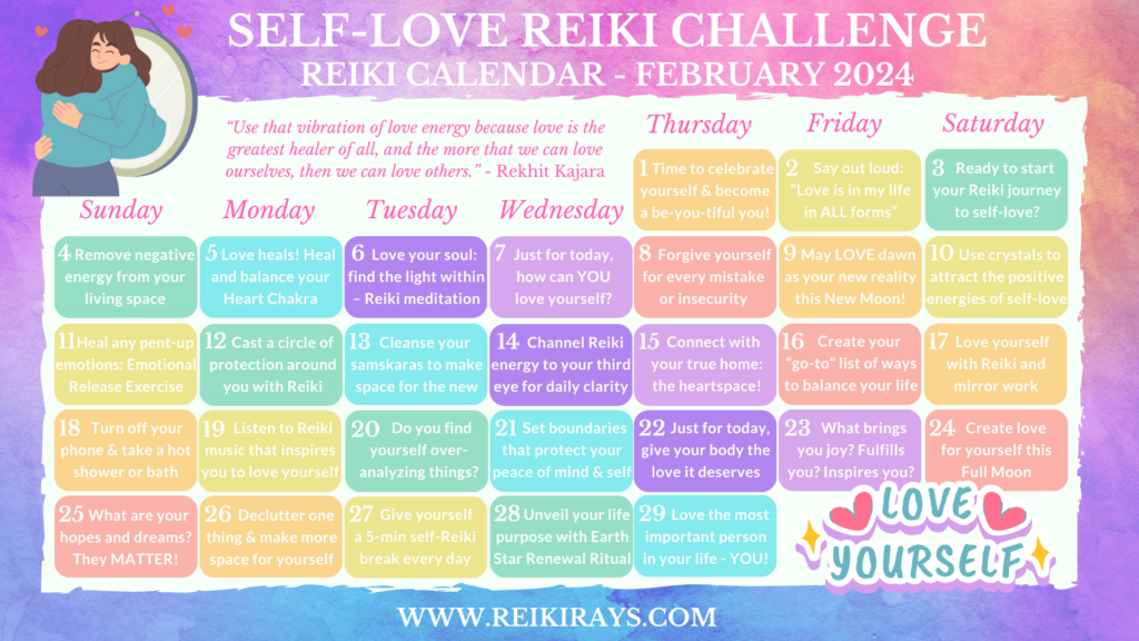 Self-Love Reiki Challenge - Reiki Calendar February 2024