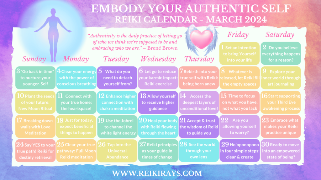 Embody Your Authentic Self - Reiki Calendar March 2024
