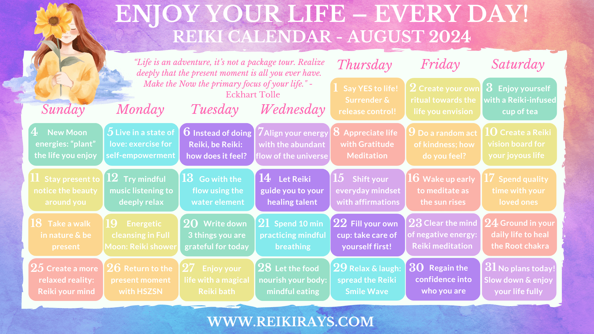 Enjoy Your Life - Every Day! - Reiki Calendar August 2024